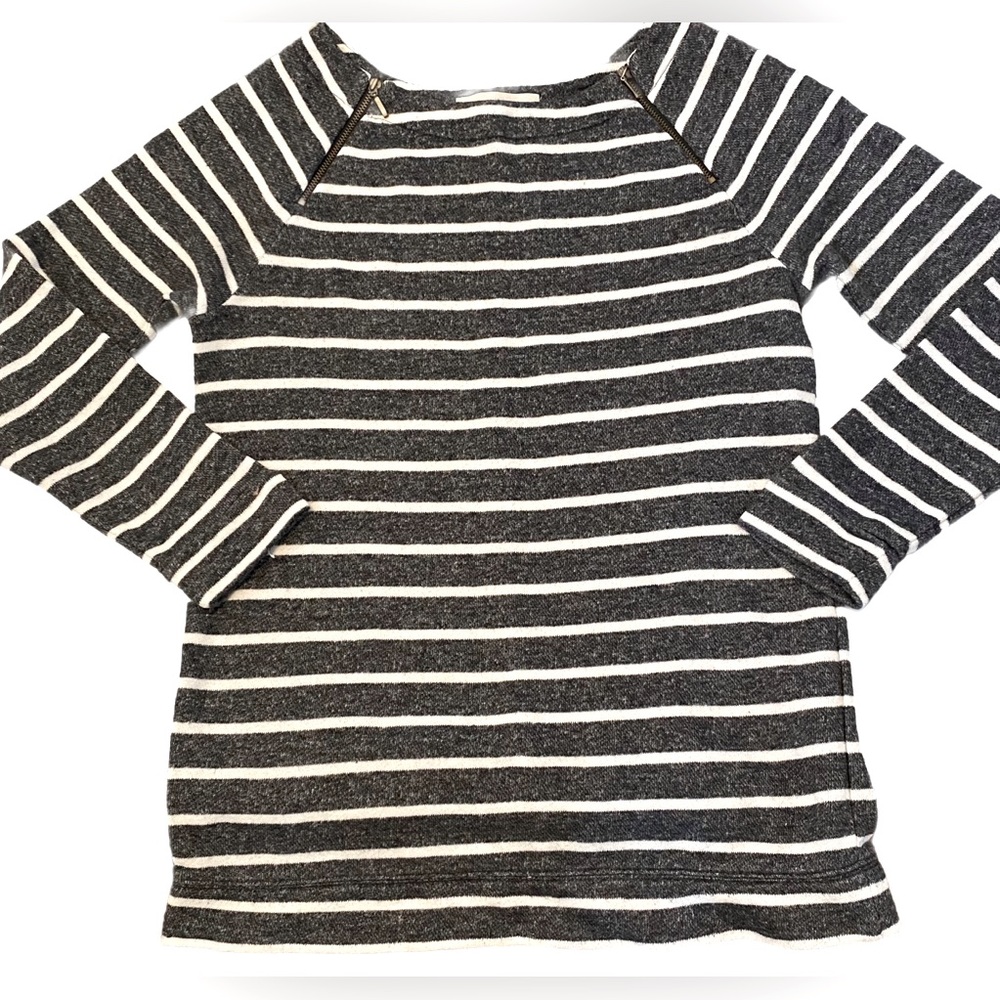 LOFT Grey and White Crew Neck Sweater with Stripes Size S